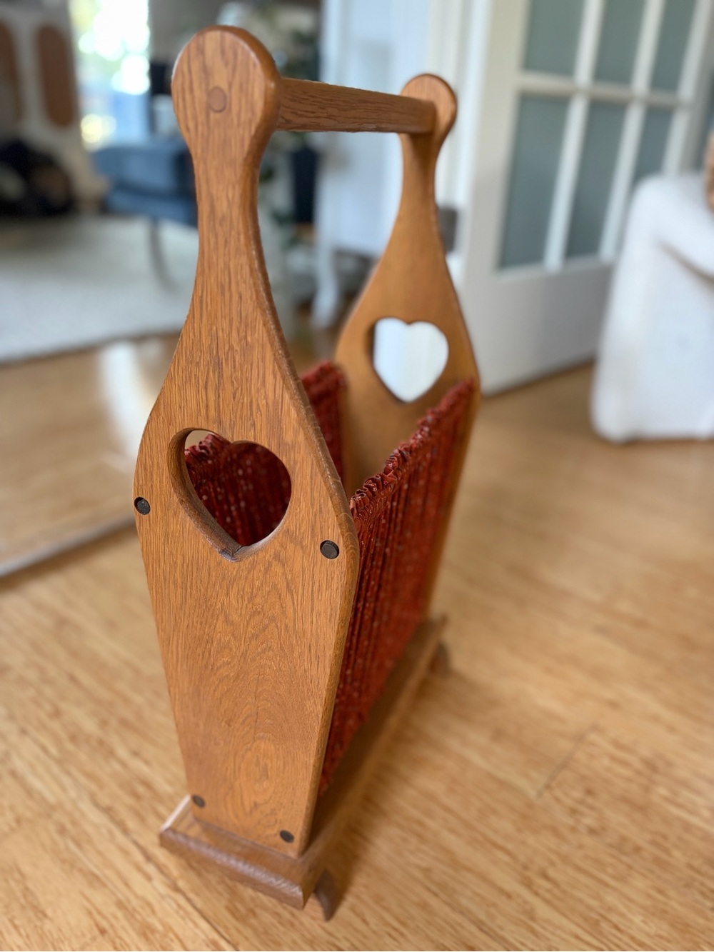 Vintage Wood Magazine/Book Rack with Heart Cutouts and Red Floral Fabric